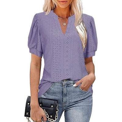 purple V-neck Solid Color Hollow Bubble Sleeve Loose T-shirt