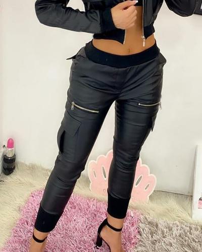 Women's Black PU Cargo Style Tie Pants