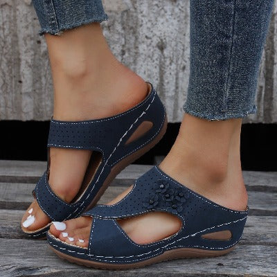 blue Hollowed Out Solid Color  Wedge Sandals