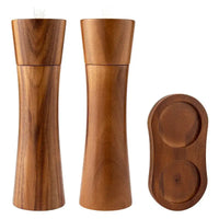 Wooden salt and pepper grinders with matching tray.
