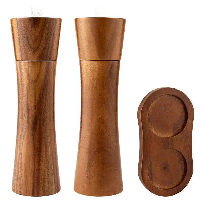 Wooden salt and pepper grinders with matching tray.