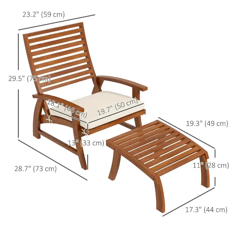 Wooden outdoor chair and ottoman with dimensions.