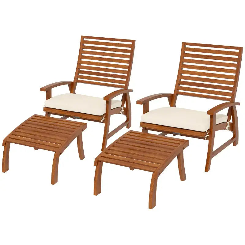 Two wooden patio chairs with footrests.
