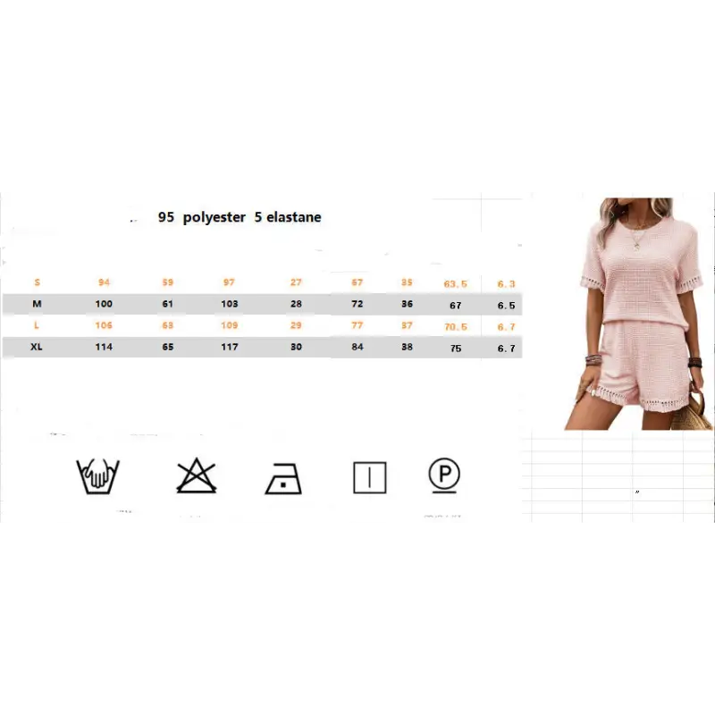 Pink two-piece shorts set with size chart and care instructions.