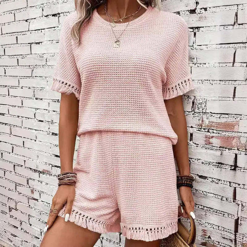 Pink knit shorts and top set.