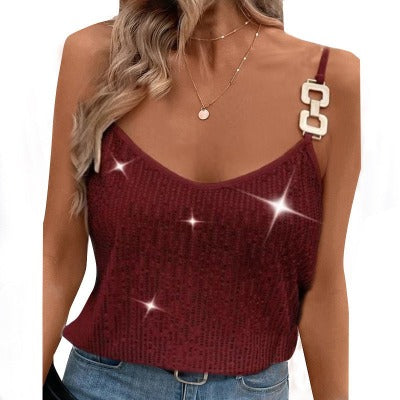 ribbed Women's V-neck Sequin Dressy Tank Top