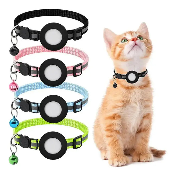 Cat collars with tracker holders and bells.