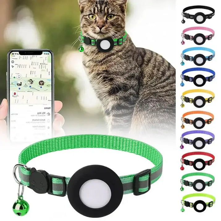 Cat collar with tracker holder and bell.
