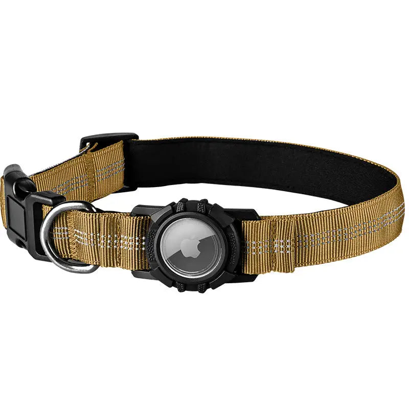 Tan and black waterproof dog collar with airtag reflective holder for added safety