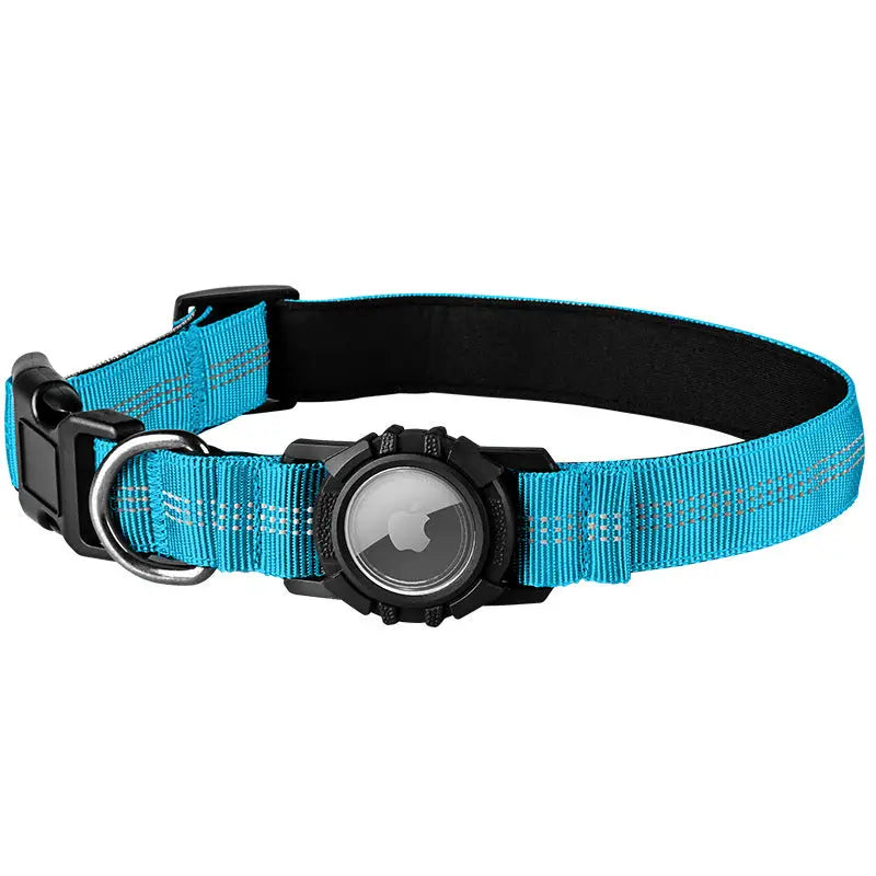 Blue waterproof dog collar with Airtag reflective holder for visibility and safety