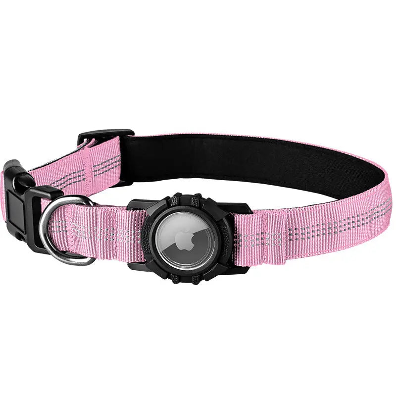 Pink waterproof dog collar with AirTag holder and reflective material for visibility