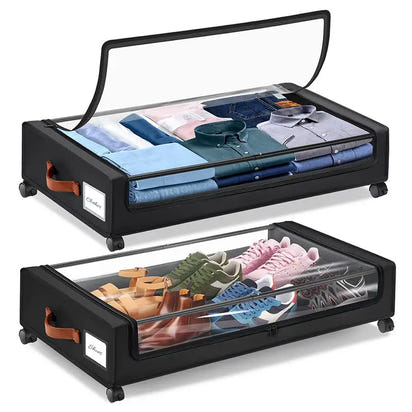Under-bed storage containers with clear lids.