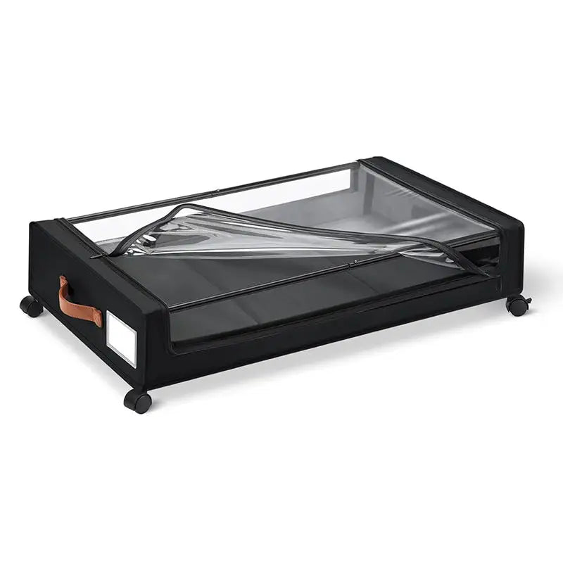 Black storage box with clear lid and wheels.