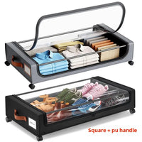 Rolling under-bed storage containers.