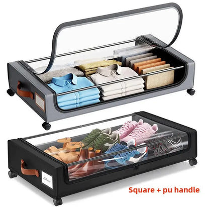 Rolling under-bed storage containers.