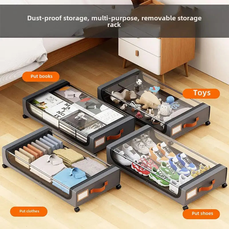 Rolling storage containers with clear lids.