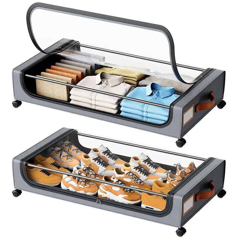 Two gray rolling storage containers with clear lids.
