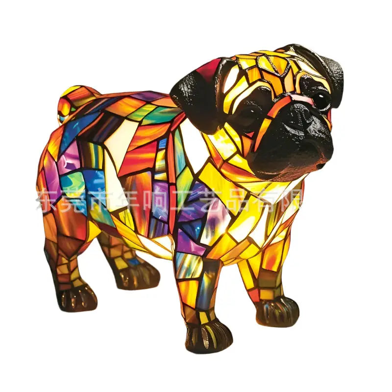 Stained-glass pug figurine.