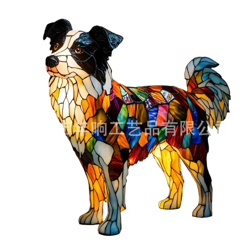 Stained glass dog sculpture.