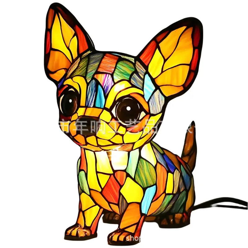 Stained glass chihuahua lamp.