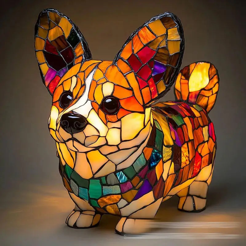Stained glass corgi lamp.