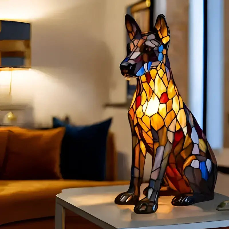 Stained glass dog lamp.