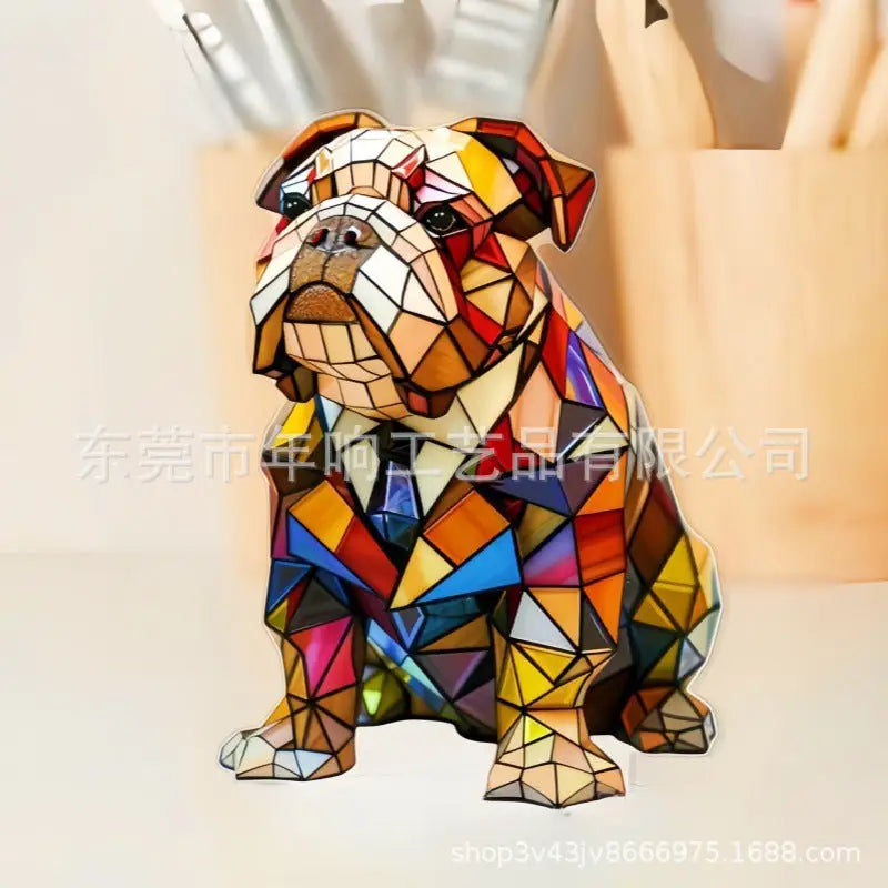 Colorful geometric bulldog sculpture.