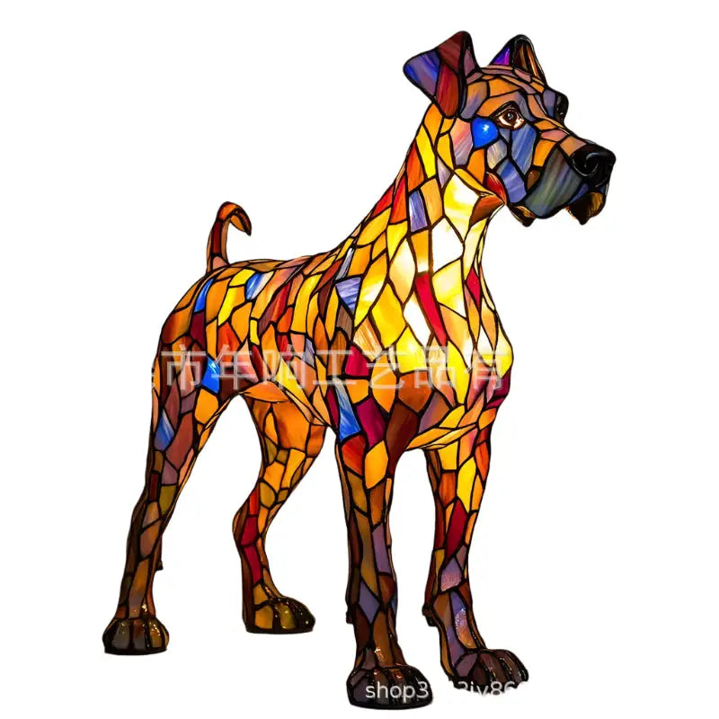 Stained glass dog sculpture.
