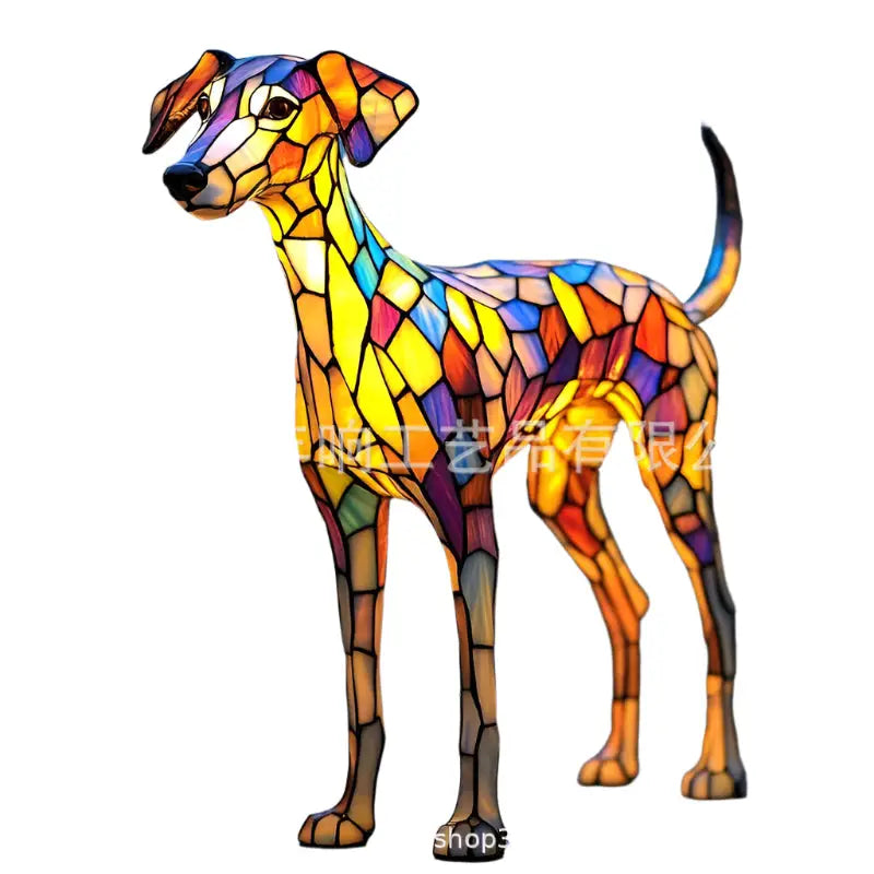 Stained glass dog sculpture.