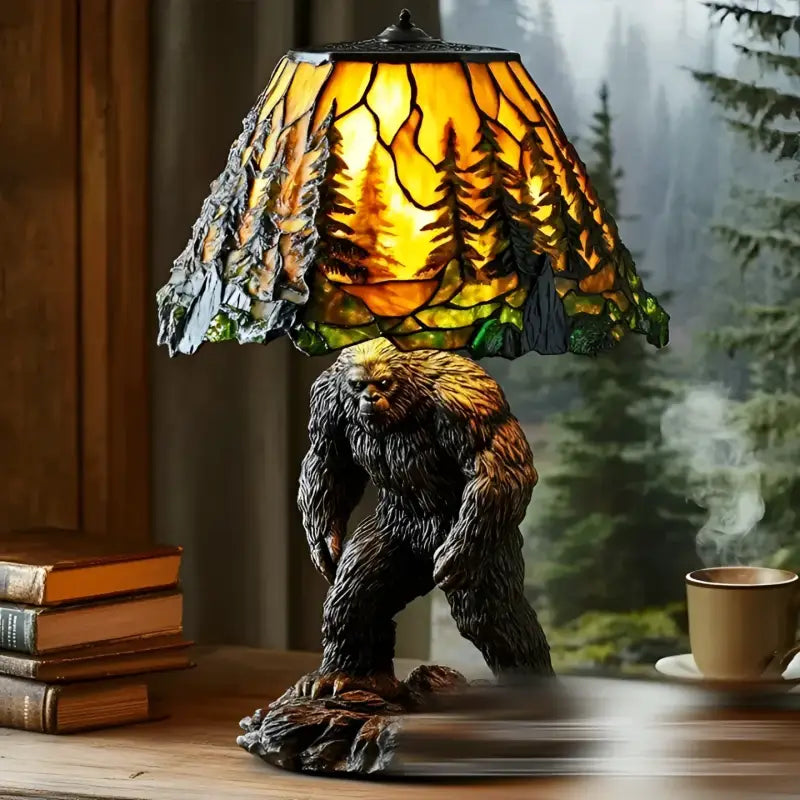 Bigfoot-themed lamp with a forest-scene lampshade.