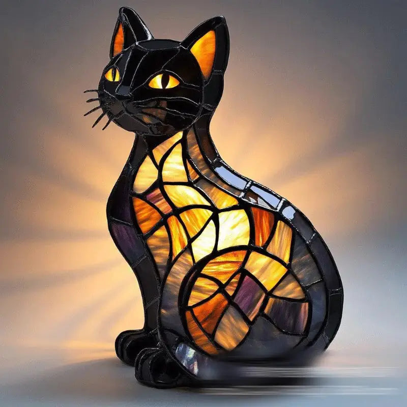 Stained glass black cat lamp.