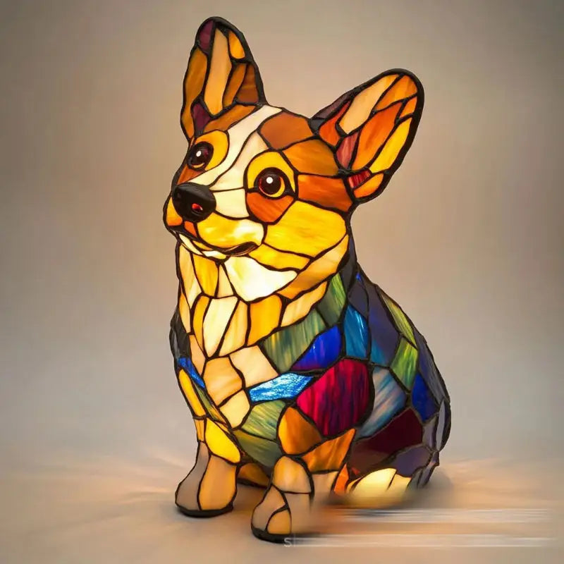 Stained glass corgi lamp.