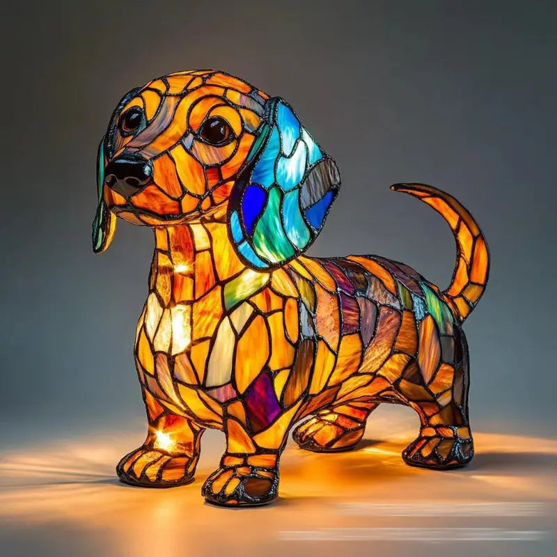 Stained glass dachshund lamp.