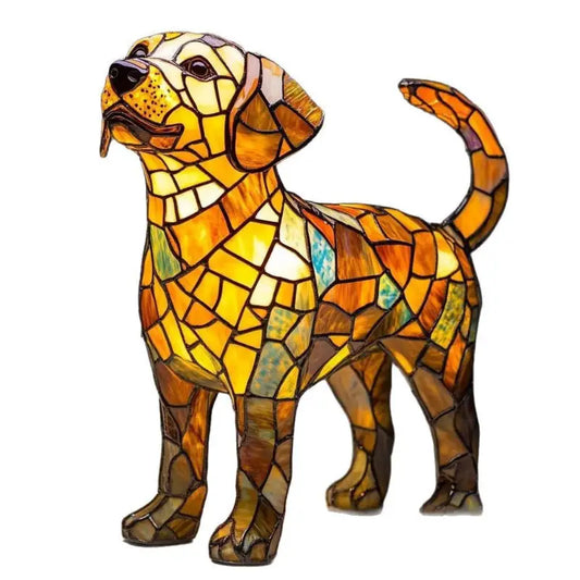 Stained glass dog sculpture.