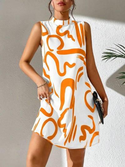 orange and white Classy Printed Stand Collar Dress