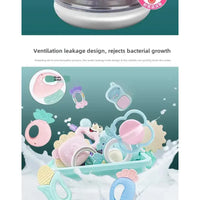 Collection of baby pacifiers with a water drainage hole design on a teal background