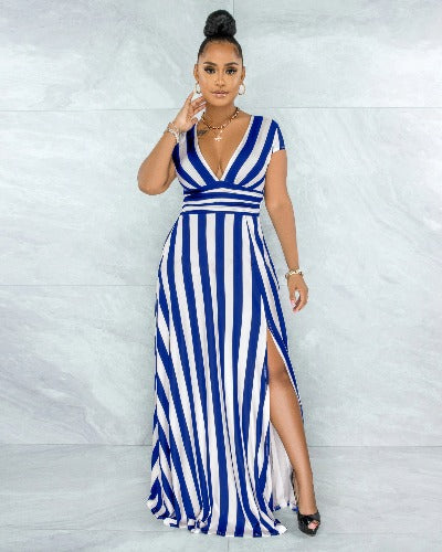 Fashion Striped Sculpting Long Slit Dress