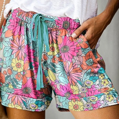 High Waist Flower Print Casual Shorts