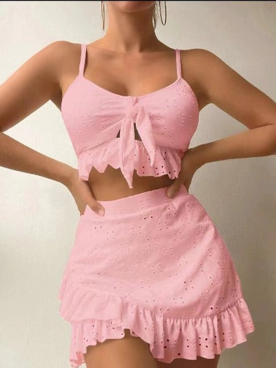 pink 3pcs Beach Ruffle Design Bikini Dress