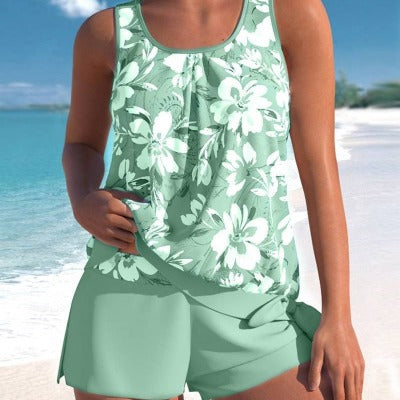 green Women's Printed Shorts Swimsuit Tankini