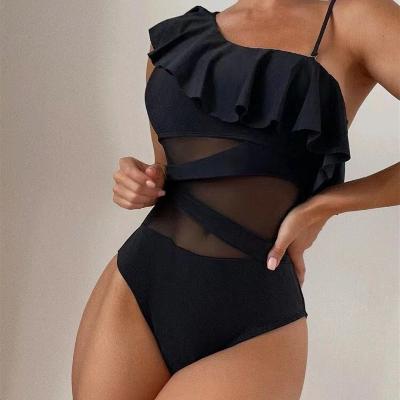 Mesh One Shoulder Ruffle One Piece Swimsuit