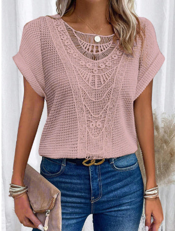 pink Lace Patchwork Short-sleeved T-shirt