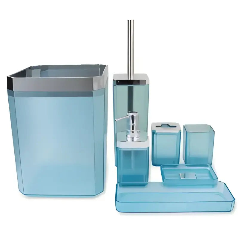 Aqua bathroom accessory set.