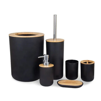 Black and bamboo bathroom accessory set.