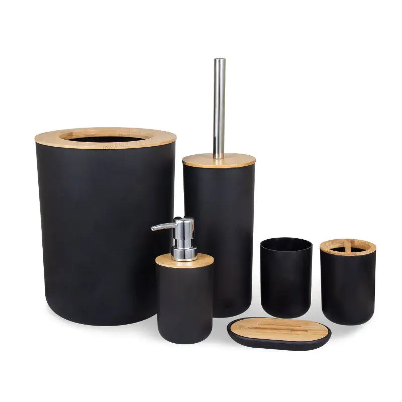 Black and bamboo bathroom accessory set.