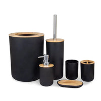 Black and bamboo bathroom accessory set.