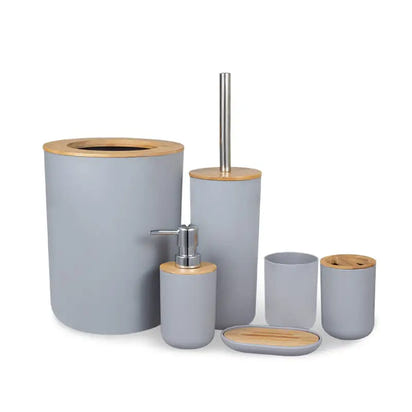 Gray and wood bathroom set.