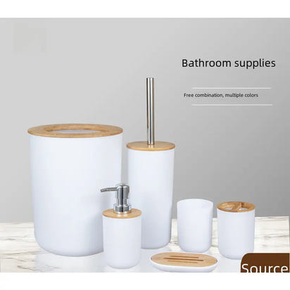 White and bamboo bathroom accessory set.