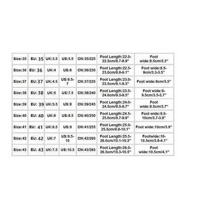 Shoe size conversion chart.