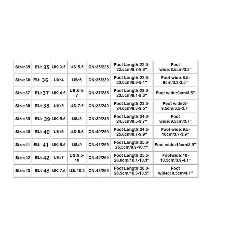 Shoe size conversion chart.